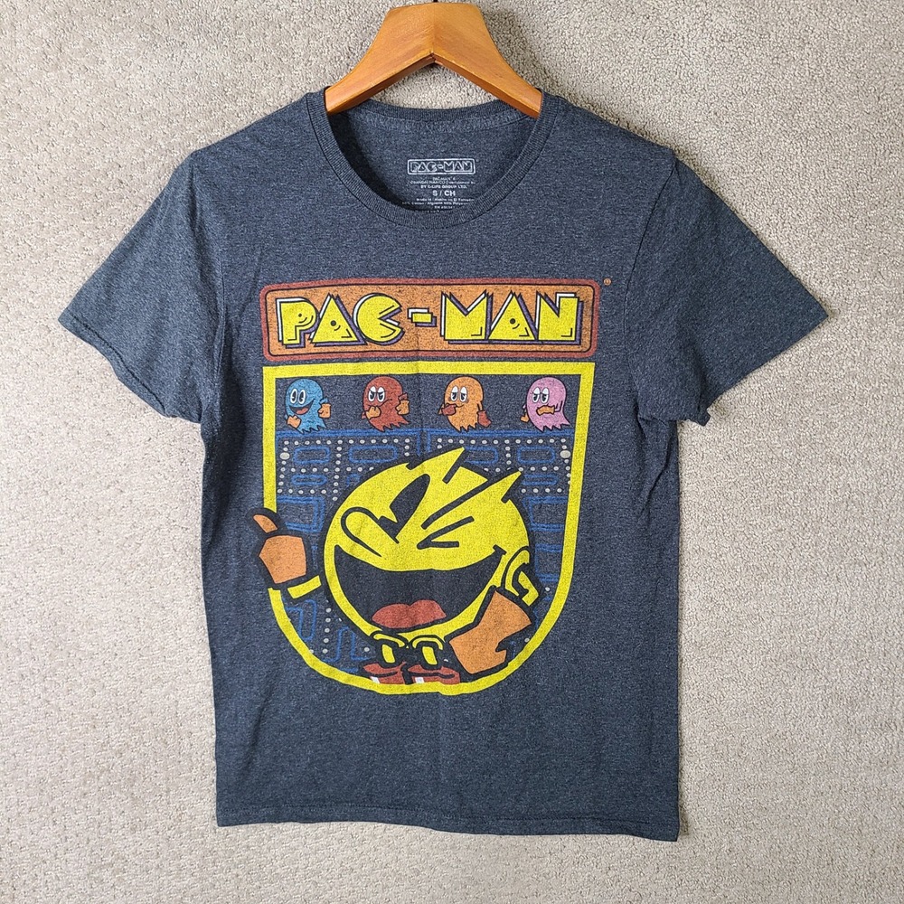 Pac-Man Shirt Mens Small Gray Graphic Tee Cotton Blend Short Sleeve Casual Gamer